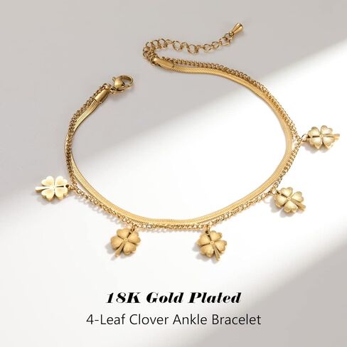 Emibele Clover Ankle Bracelets for Women, Classic Four Leaf Gold Anklet Bracelets, 18K Gold Plated Stainless Steel 2-Layer Adjustable Boho Summer Beach Foot Chain Jewelry Teen Girls, Gold, Metal, no in Kuwait
