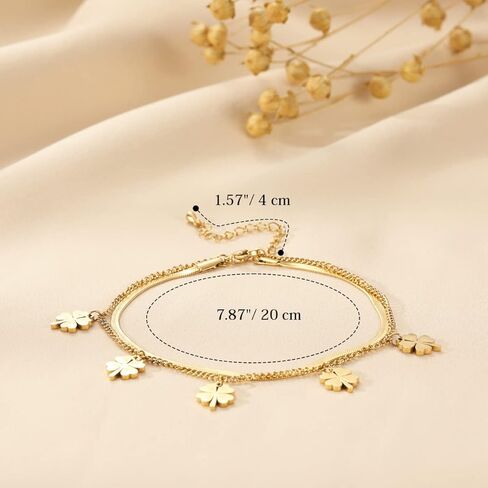 Emibele Clover Ankle Bracelets for Women, Classic Four Leaf Gold Anklet Bracelets, 18K Gold Plated Stainless Steel 2-Layer Adjustable Boho Summer Beach Foot Chain Jewelry Teen Girls, Gold, Metal, no in Kuwait