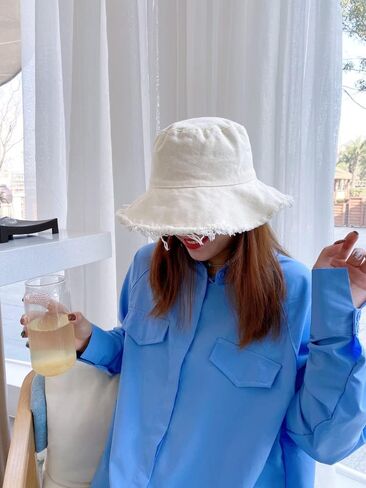 قبعة دلو للحماية من أشعة الشمس المغسولة للشاطئ من القطن المغسول - قبعة صيفية ذات حافة واسعة للشاطئ (الحجم: S-M) in Kuwait