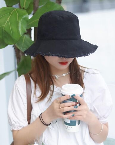 قبعة دلو للحماية من أشعة الشمس المغسولة للشاطئ من القطن المغسول - قبعة صيفية ذات حافة واسعة للشاطئ (الحجم: S-M) in Kuwait