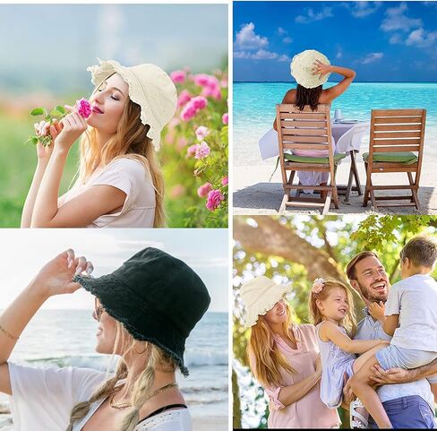 قبعة دلو للحماية من أشعة الشمس المغسولة للشاطئ من القطن المغسول - قبعة صيفية ذات حافة واسعة للشاطئ (الحجم: S-M) in Kuwait