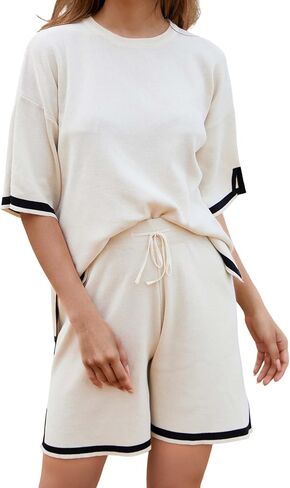 Athlisan Womens Sweater Sets Two Piece Outfits Knitted Tops Elastic Waist Shorts Lounge Sets in Kuwait