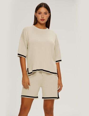Athlisan Womens Sweater Sets Two Piece Outfits Knitted Tops Elastic Waist Shorts Lounge Sets in Kuwait