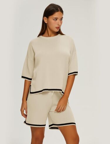 Athlisan Womens Sweater Sets Two Piece Outfits Knitted Tops Elastic Waist Shorts Lounge Sets in Kuwait