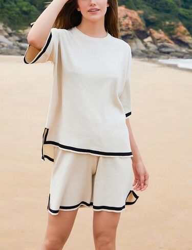 Athlisan Womens Sweater Sets Two Piece Outfits Knitted Tops Elastic Waist Shorts Lounge Sets in Kuwait