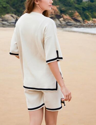 Athlisan Womens Sweater Sets Two Piece Outfits Knitted Tops Elastic Waist Shorts Lounge Sets in Kuwait