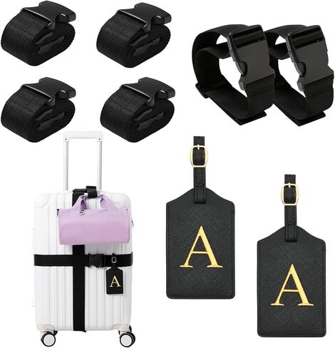 مجموعة من 8 قطع من بطاقات الأمتعة وأشرطة الأمتعة، وبطاقات الأمتعة الأولية، وبطاقات الأمتعة المطرزة، وحزام حزام حقيبة الحقيبة، وحزام حقيبة قابل للتعديل، وإكسسوارات السفر (T، أسود/ذهبي) in Kuwait