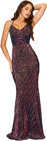 فستان Lin Lin Q نسائي رسمي طويل برقبة على شكل حرف V وحزام من الترتر، فستان حورية البحر بدون ظهر برباط in Kuwait