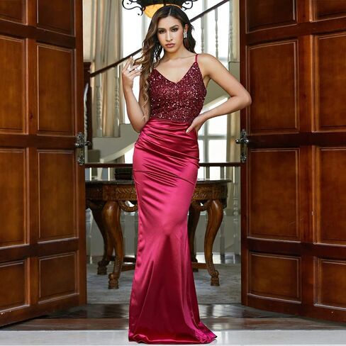 فستان نسائي رسمي من Miss ord برقبة على شكل حرف V مزين بالترتر من الساتان للحفلات الراقصة، بدون أكمام بدون ظهر للحفلات المنفصلة in Kuwait