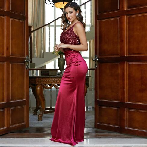 فستان نسائي رسمي من Miss ord برقبة على شكل حرف V مزين بالترتر من الساتان للحفلات الراقصة، بدون أكمام بدون ظهر للحفلات المنفصلة in Kuwait