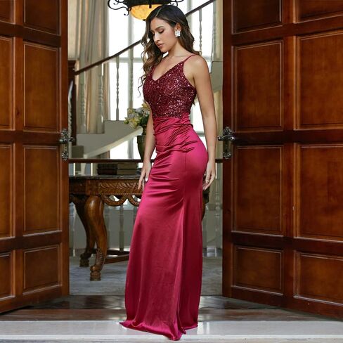 فستان نسائي رسمي من Miss ord برقبة على شكل حرف V مزين بالترتر من الساتان للحفلات الراقصة، بدون أكمام بدون ظهر للحفلات المنفصلة in Kuwait