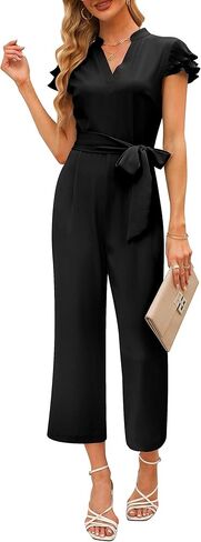 Sucolan Women's Ruffle Sleeve Jumpsuits Business Casual Jumpsuit Belted V Neck Overalls Cropped Pant One-Piece Outfits in Kuwait