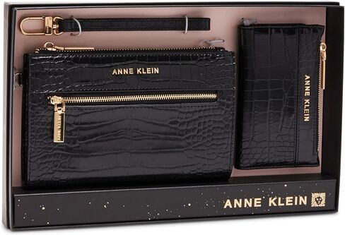 Anne Klein AK 2 Piece Gift Set with Croco Zip Clutch and Card case, Black in Saudi Arabia