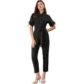 Allegra K Women's Short Sleeve Collared Cropped Coverall Button Down Tie Waist Cotton Cargo Jumpsuit in Kuwait