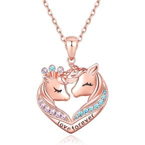 Jewlpire Valentines Day Gifts, 14K Gold Real Over 925 Sterling Silver Unicorn Necklaces, Unicorn Gifts for Girls Women, Unicorn Necklaces Colorful CZ Heart Pendant Necklaces Unicorn Jewelry Gifts