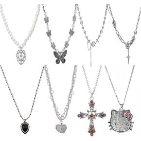 Y2k Necklaces Accesories Grunge Moonstone Cross Heart Butterfly Pearl Necklace Vintage Gothic Aesthetic Choker Necklace Set for Women Girls in Kuwait