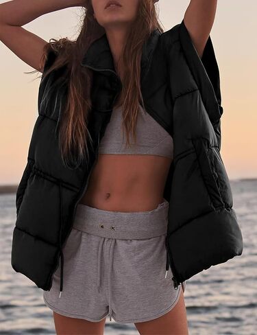 TIQOJE Vest Tops for Women Stand Collar Zip Quilted Outwear Vest Padded Gilet Jacket in Kuwait