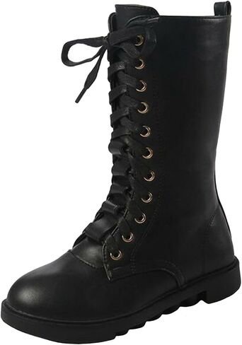 PPXID Kid's Girl's Waterproof Leather Lace-Up Zipper Mid Calf Combat Boots Outdoor Riding Boots in Saudi Arabia