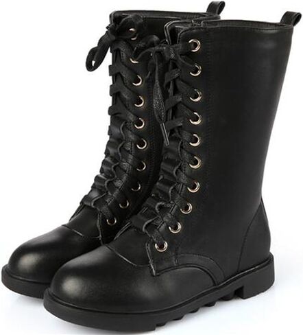 PPXID Kid's Girl's Waterproof Leather Lace-Up Zipper Mid Calf Combat Boots Outdoor Riding Boots in Saudi Arabia