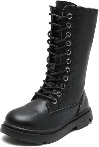 PPXID Kid's Girl's Waterproof Leather Lace-Up Zipper Mid Calf Combat Boots Outdoor Riding Boots in Saudi Arabia
