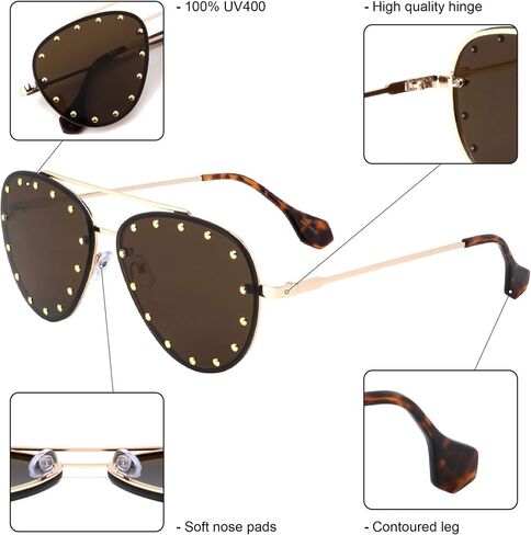 Brooklyn Rimless Oversized Studded Aviators Sunglasses Riveted Fashion Men Women AV-1672 in Saudi Arabia