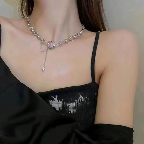 Y2k Necklaces Accesories Grunge Moonstone Cross Heart Butterfly Pearl Necklace Vintage Gothic Aesthetic Choker Necklace Set for Women Girls in Kuwait