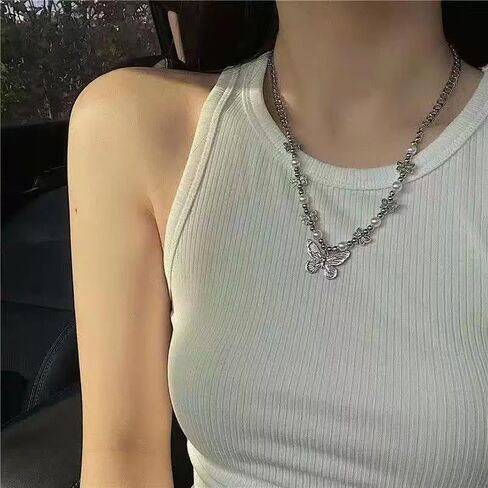 Y2k Necklaces Accesories Grunge Moonstone Cross Heart Butterfly Pearl Necklace Vintage Gothic Aesthetic Choker Necklace Set for Women Girls in Kuwait