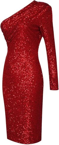 Madam Uniq Women's Sexy One Shoulder Long Sleeve Sequin Sparkle Dress Ruched Evening Gown Midi Formal Dresses in Saudi Arabia