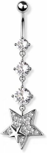 Pierced Owl 14GA 316L Stainless Steel Triple CZ Crystal and Star Dangling Belly Button Ring in Saudi Arabia