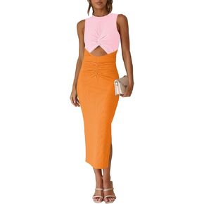 فساتين TOLENY صيفية بدون أكمام للنساء بعقدة ملتوية مكشكشة وفتحة جانبية مضلعة فستان ضيق in Kuwait