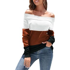 Pink Queen Women's 2023 Fall Sweater Oversized Long Sleeve Off The Shoulder Sweaters Color Block Knit Pullover Jumper Tops