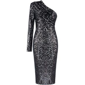 Madam Uniq Women's Sexy One Shoulder Long Sleeve Sequin Sparkle Dress Ruched Evening Gown Midi Formal Dresses