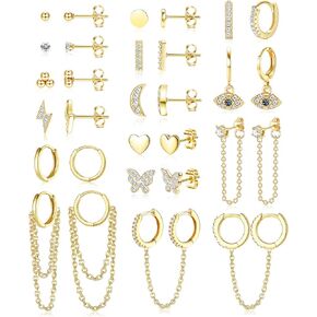 فن رن جوليري مجموعة اقراط هوجي حلقية مطلية بالذهب عيار 14 قيراط للنساء مكونة من 15 زوج، اقراط متدلية على شكل قلب بسيط مرصعة بحجر زركونيا مكعب على شكل قلب مرصع بحجر زركونيا مكعب in Kuwait