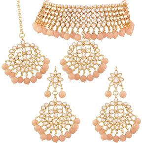 I Jewels Indian Bollywood Gold Plated Kundan & Pearl Choker Necklace Jewelry Set For Women (K7058)