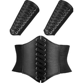 مشد خصر برباط للهالوين من ناجيل، حزام خصر عريض وقطعتين من سوار معصم جلدي لقفاز الرماية في العصور الوسطى، واقي معصم فايكنج لزي الهالوين (اسود) in Kuwait