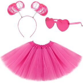 Lainlight Tutu للفتيات، مجموعة تنانير توتو من 3 طبقات من التول مع نظارات على شكل قلب، وعصابة رأس على شكل ذيل حصان، مستلزمات الحفلات التنكرية