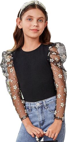 OYOANGLE Girl's Floral Embroidery Mesh Long Puff Sleeve Round Neck Casual Tee Shirt Tops in Saudi Arabia