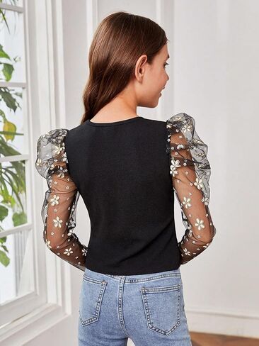 OYOANGLE Girl's Floral Embroidery Mesh Long Puff Sleeve Round Neck Casual Tee Shirt Tops in Saudi Arabia
