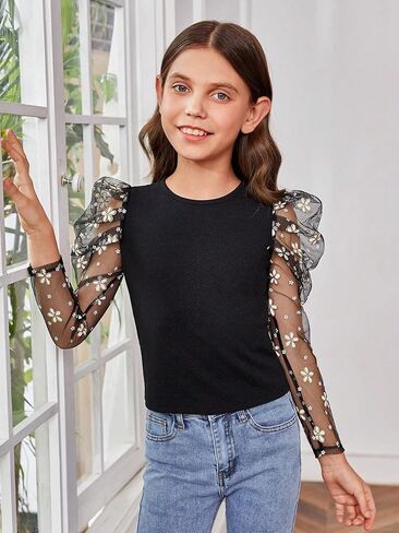 OYOANGLE Girl's Floral Embroidery Mesh Long Puff Sleeve Round Neck Casual Tee Shirt Tops in Saudi Arabia