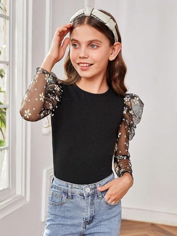 OYOANGLE Girl's Floral Embroidery Mesh Long Puff Sleeve Round Neck Casual Tee Shirt Tops in Saudi Arabia