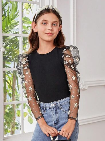 OYOANGLE Girl's Floral Embroidery Mesh Long Puff Sleeve Round Neck Casual Tee Shirt Tops in Saudi Arabia