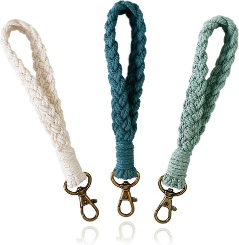Mozeat Lens 3 Pcs Macrame Wristlet Keychain, Boho Keychain Bracelet, Handmade Macrame Keychain Bracelet Soft Colorful Braided Wristlet Keychain Keyring Holder Wrist Lanyard Wallet Keychain, White, in Kuwait