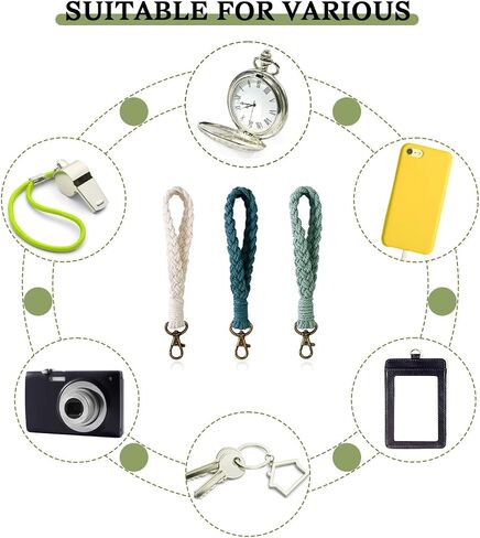 Mozeat Lens 3 Pcs Macrame Wristlet Keychain, Boho Keychain Bracelet, Handmade Macrame Keychain Bracelet Soft Colorful Braided Wristlet Keychain Keyring Holder Wrist Lanyard Wallet Keychain, White, in Kuwait