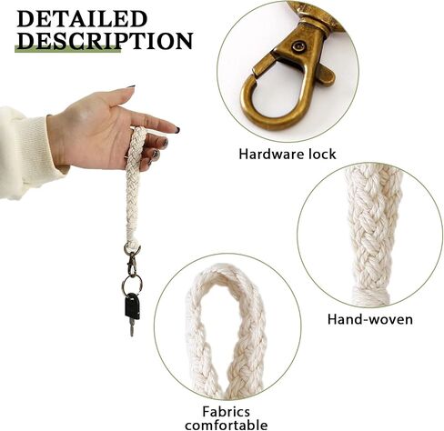 Mozeat Lens 3 Pcs Macrame Wristlet Keychain, Boho Keychain Bracelet, Handmade Macrame Keychain Bracelet Soft Colorful Braided Wristlet Keychain Keyring Holder Wrist Lanyard Wallet Keychain, White, in Kuwait