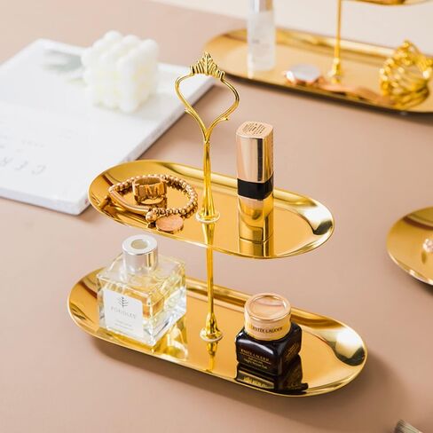 HAN SHENG 1 Pcs Stainless Steel 2 Tier Tray Jewelry Tray Jewelry Holder Jewelry Tower Display Rack Ring Earrings Necklaces Bracelet Organizer Holder Trinket Tray Home Decor in Saudi Arabia