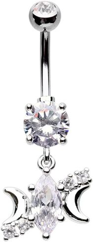 Pierced Owl 14GA Stainless Steel CZ Crystal Marquise with Crescent Moon Sides Dangling Belly Button Ring in Saudi Arabia