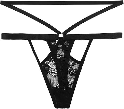 RUOKEXIN Women's Black Charming Lace Thong No Show Ladies Thong Stretch T-back Strappy Underwear Panty Set Sheer Floral Soft Low Waist(L Size) in Kuwait