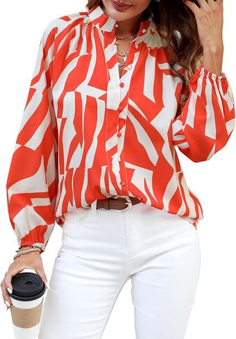 بلوزة نسائية أنيقة من Prettywear بأكمام واسعة وطبعة زهور وأزرار سفلية، قمصان كاجوال للعمل والعمل، أزياء الربيع in Kuwait