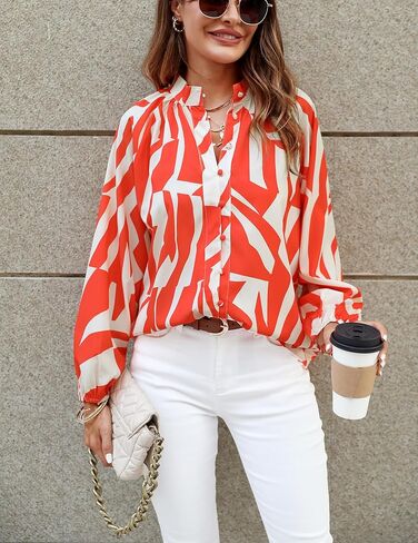 بلوزة نسائية أنيقة من Prettywear بأكمام واسعة وطبعة زهور وأزرار سفلية، قمصان كاجوال للعمل والعمل، أزياء الربيع in Kuwait