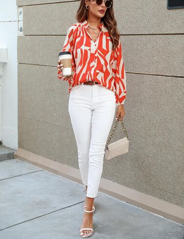 بلوزة نسائية أنيقة من Prettywear بأكمام واسعة وطبعة زهور وأزرار سفلية، قمصان كاجوال للعمل والعمل، أزياء الربيع in Kuwait